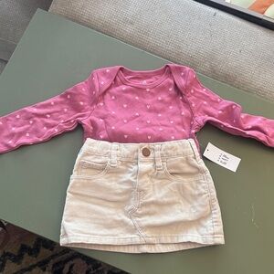 Pink Heart Long Sleeve onesie and Cream Skirt Set